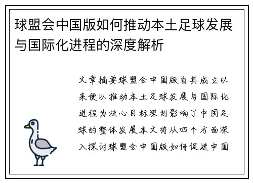 球盟会中国版如何推动本土足球发展与国际化进程的深度解析